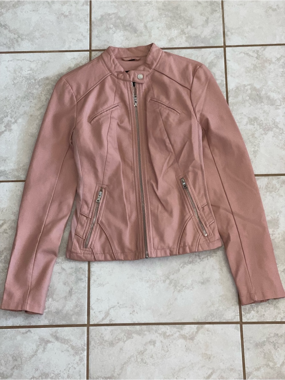 Guess Women's Faux Leather Pink Moto Jacket Front Zip